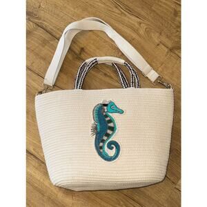 America and Beyond Woven Jumbo Tote Beach Beaded Seahorse Weekender Bag 18x13”